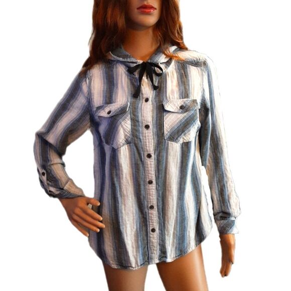 Boston Traders Hoodie Shirt Chambray Lining Blue Striped‎ Cotton size Medium - Picture 2 of 11